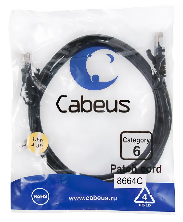Патч-корд RJ45 UTP 6 Cabeus PC-UTP-RJ45-Cat.6-1.5m-BK PVC черный 1.5 метра