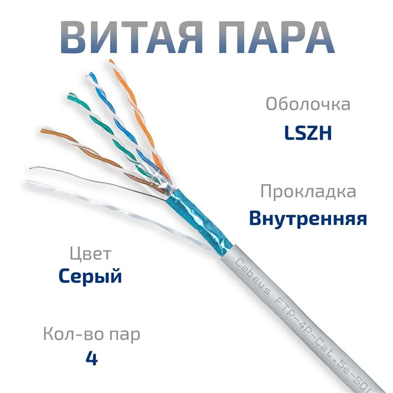 Витая пара FTP 5e Cabeus FTP-4P-Cat.5e-SOLID-LSZH-GY 4 пары одножильный, LSZH серая 305 метров