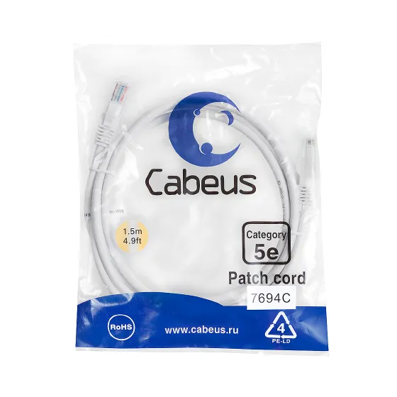 Патч-корд RJ45 UTP 5e Cabeus PC-UTP-RJ45-Cat.5e-1.5m-WH PVC белый 1.5 метра