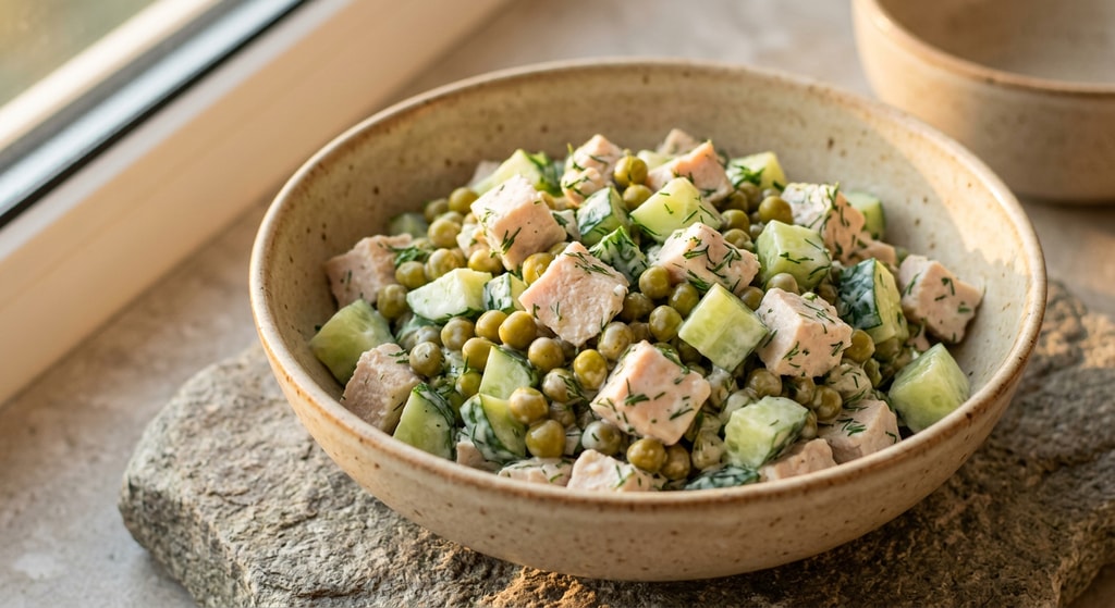 Легкий салат с курицей и горошком