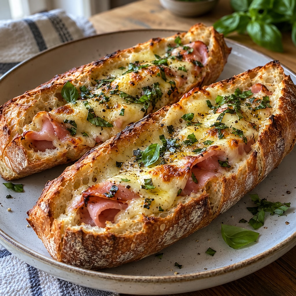 Багет с сыром, зеленью и ветчиной