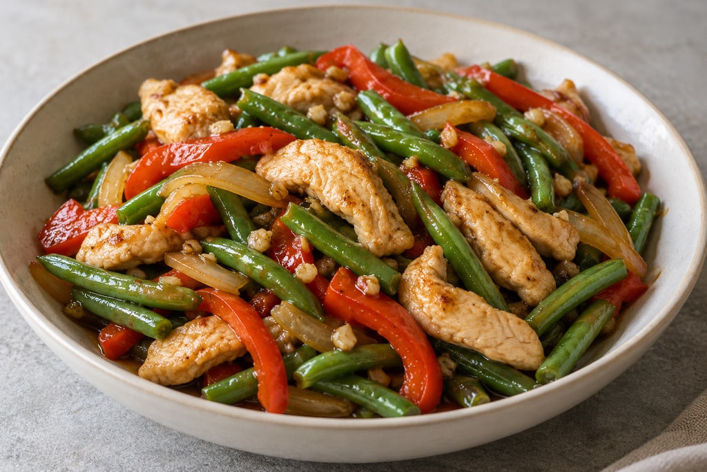 Теплый салат с курицей и стручковой фасолью