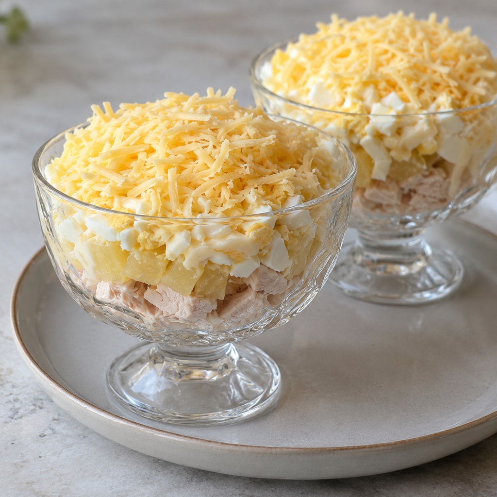 Тропический слоеный салат с курицей