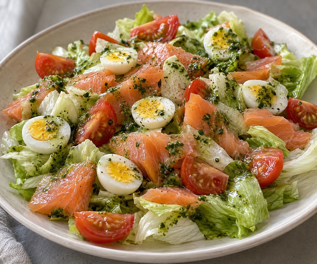 Салат с перепелиными яйцами, семгой и томатами черри