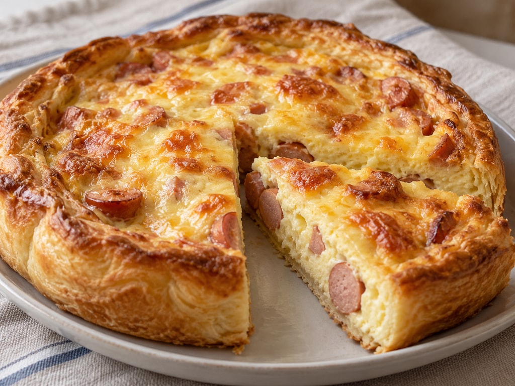 Пышный пирог с сосисками и сыром