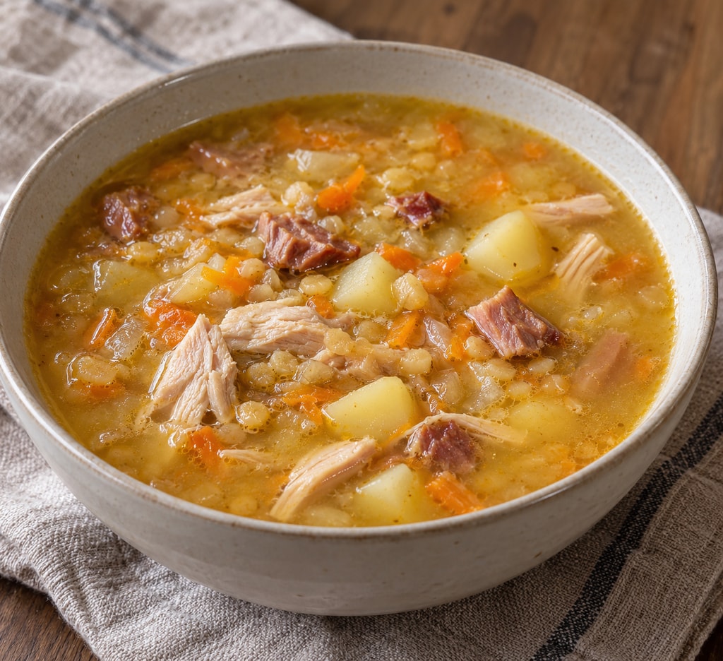 Суп гороховый с куриным мясом и копченостями