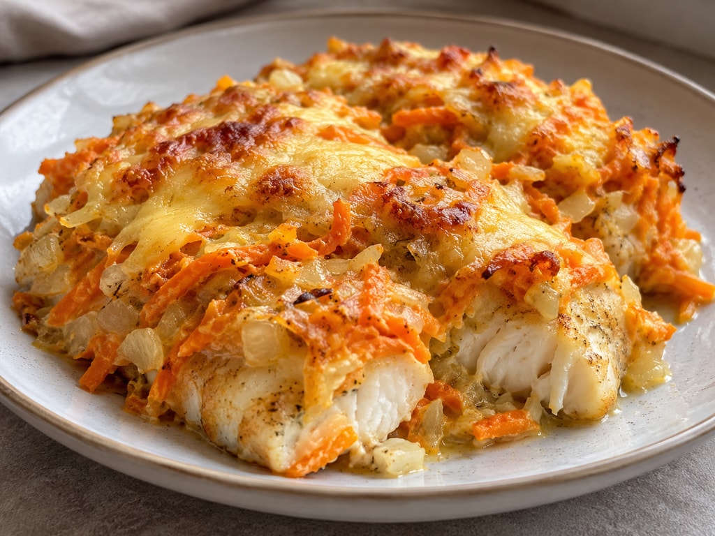 Запеченная рыба с овощами и сыром