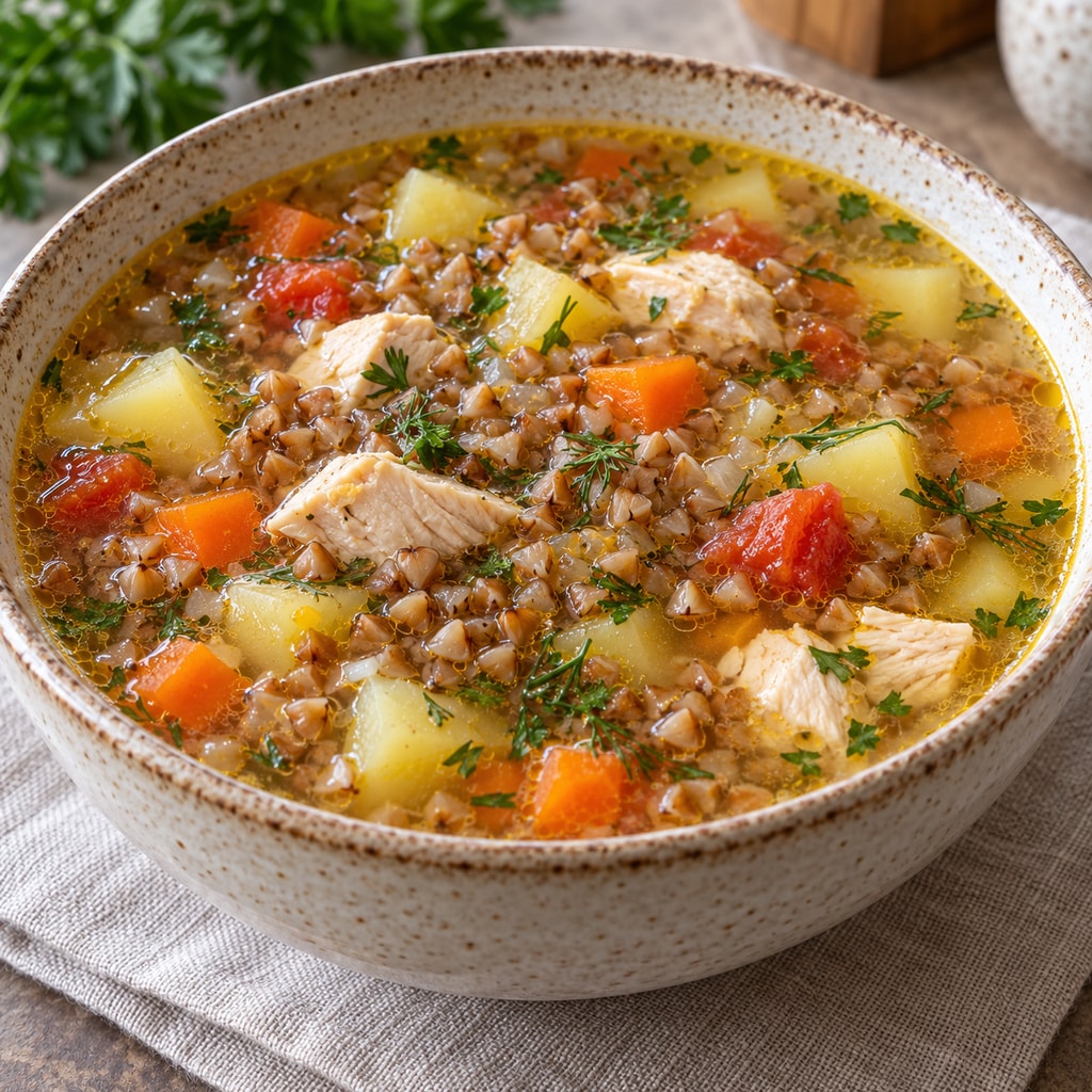 Гречневый суп с курицей и овощами