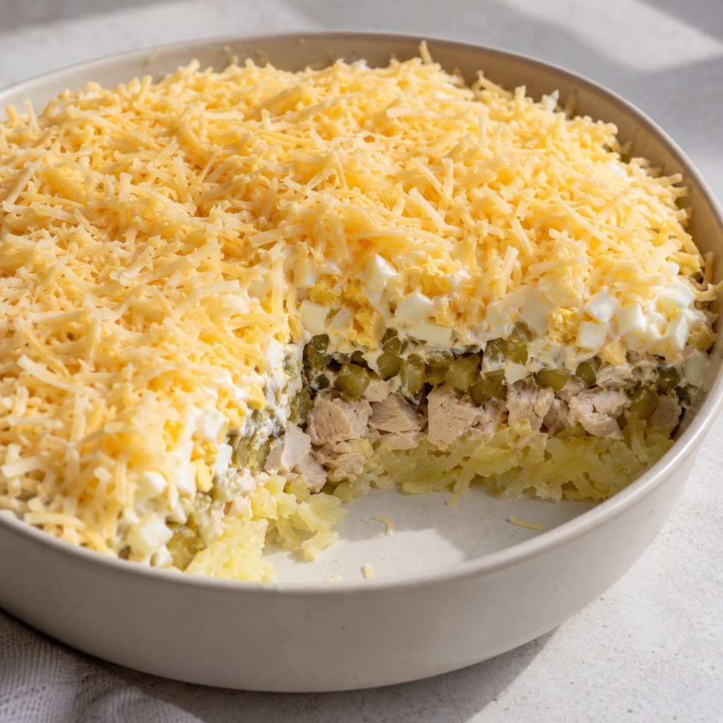 Новогодний слоеный салат с курицей и корнишонами