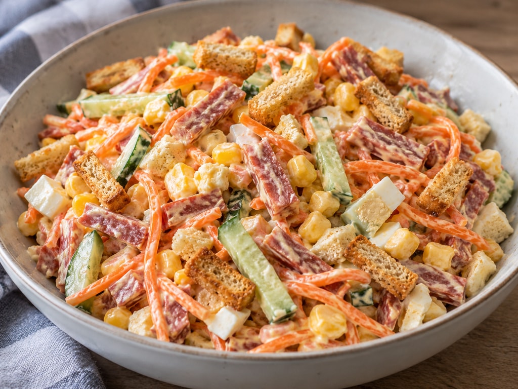 Сытный салат с копченой колбасой и корейской морковью