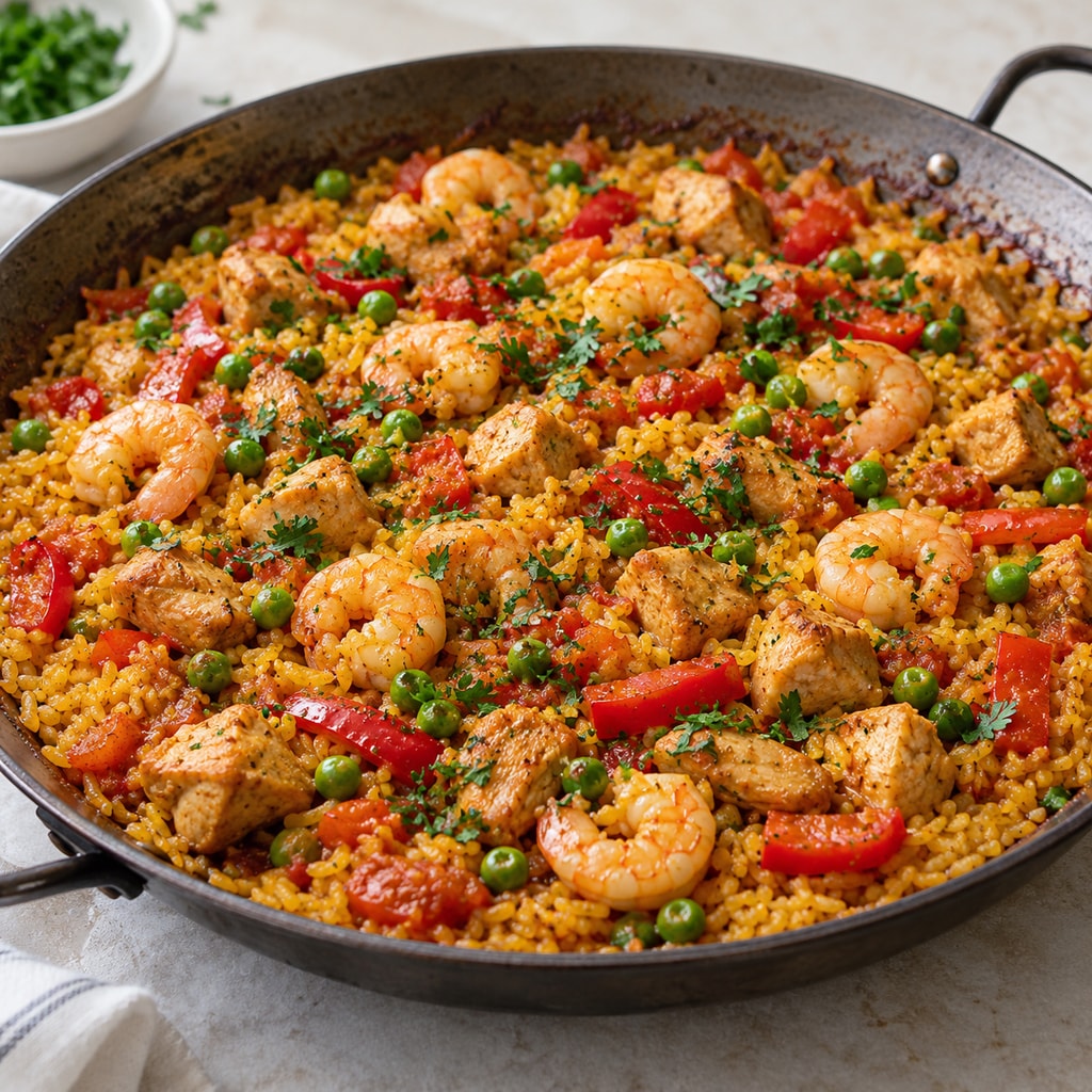 Паэлья с креветками и курицей