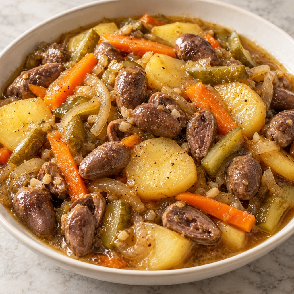 Жаркое из куриных сердец с овощами и пивом