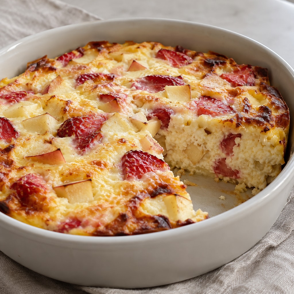 Творожный пирог с яблоком и клубникой
