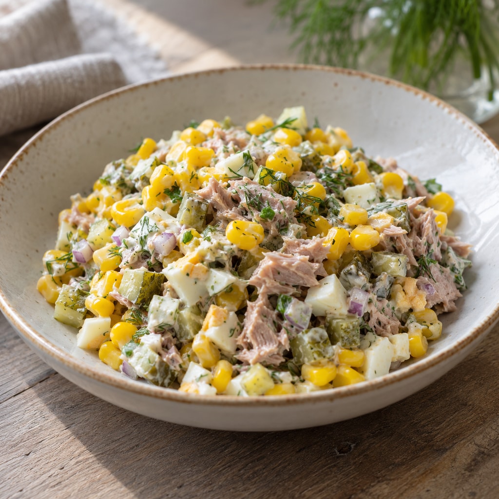 Кукурузный салат с тунцом и солеными огурцами
