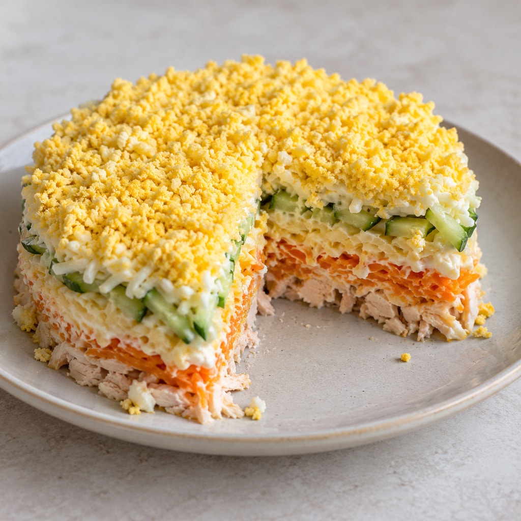 Слоёный салат с копчёной курицей и корейской морковью