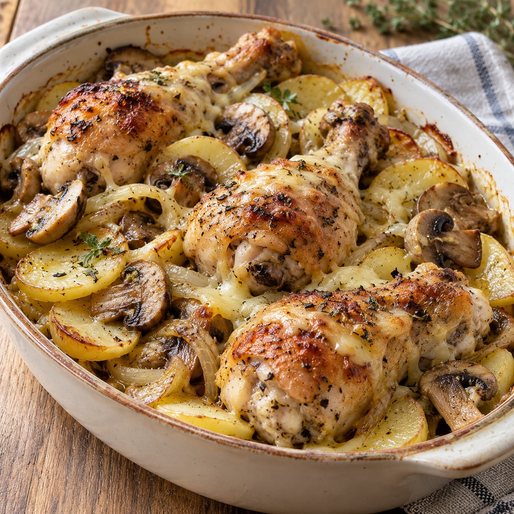 Куриные ножки с картошкой и грибами в духовке