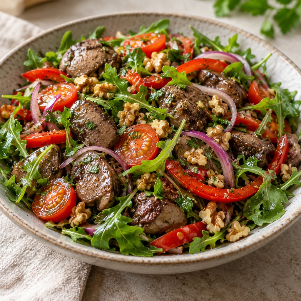 Теплый салат с куриной печенью