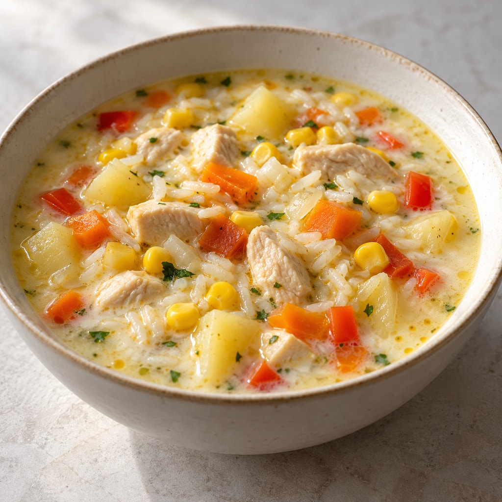 Сливочный суп с кукурузой, рисом и курицей