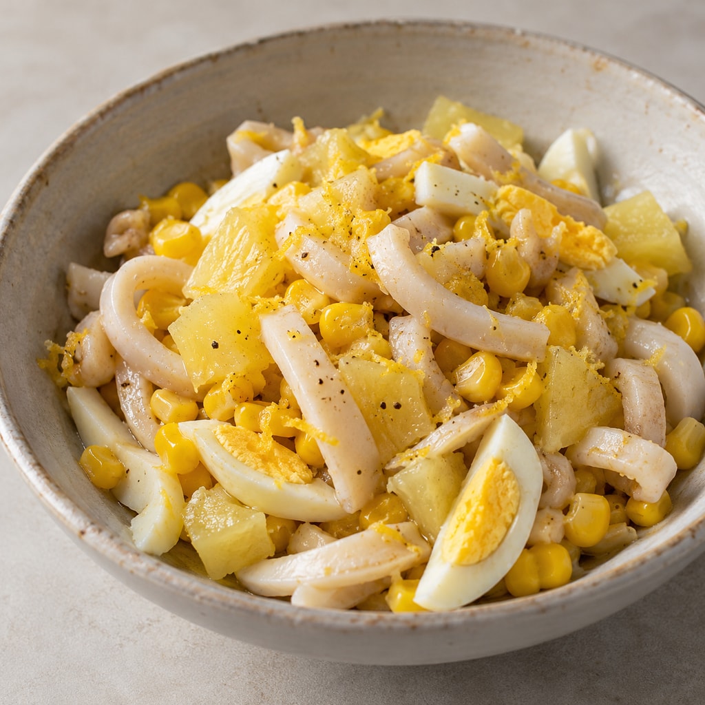 Салат с ананасом, кальмаром и яйцом