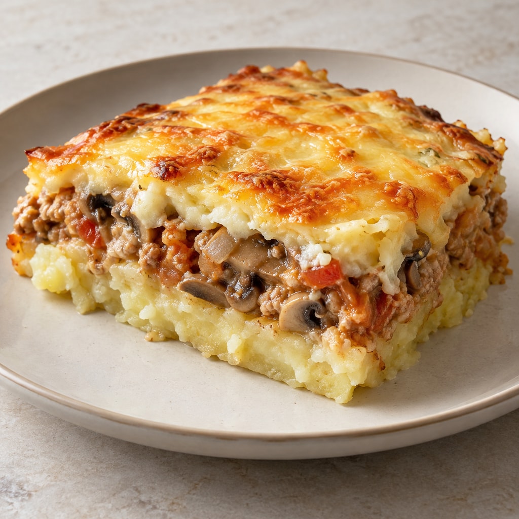 Картофельная запеканка с индейкой и грибами