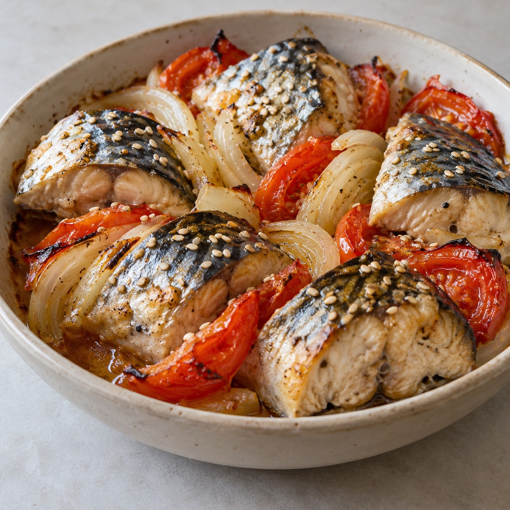 Запеченная скумбрия с помидором