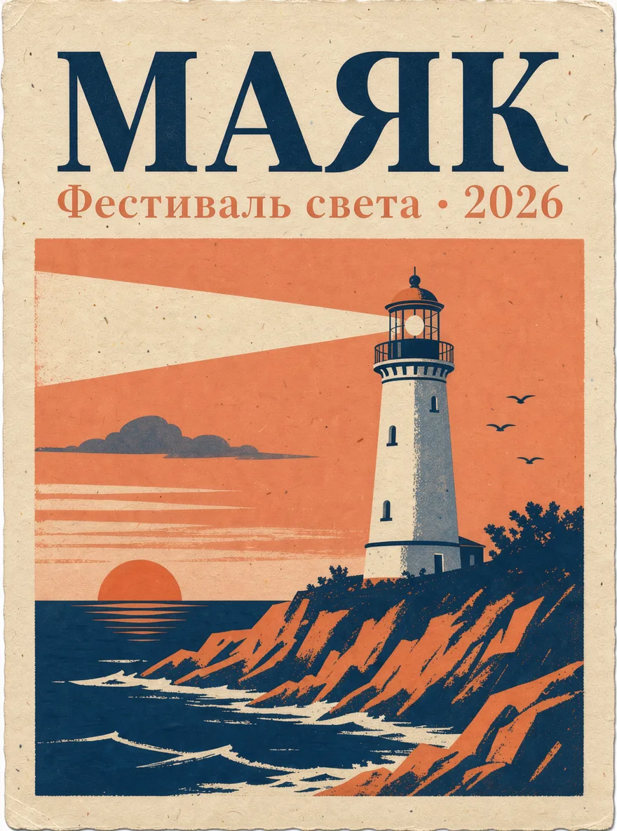 Винтажный плакат с маяком на скалистом мысу и надписью «МАЯК. Фестиваль света · 2026»
