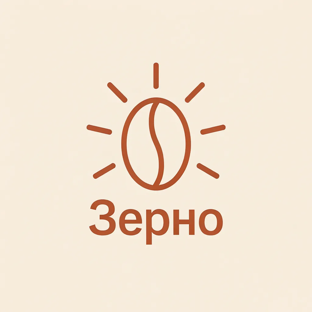Минималистичный логотип кофейни: кофейное зерно с лучами солнца и надпись «Зерно» терракотовым цветом на кремовом фоне