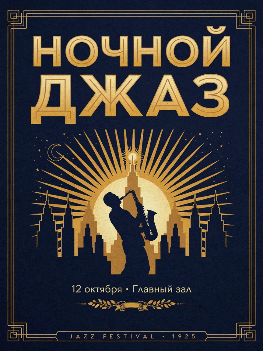 Афиша в стиле ар-деко с надписью «Ночной джаз», силуэтом саксофониста на фоне ночного города и подписью «12 октября · Главный зал»