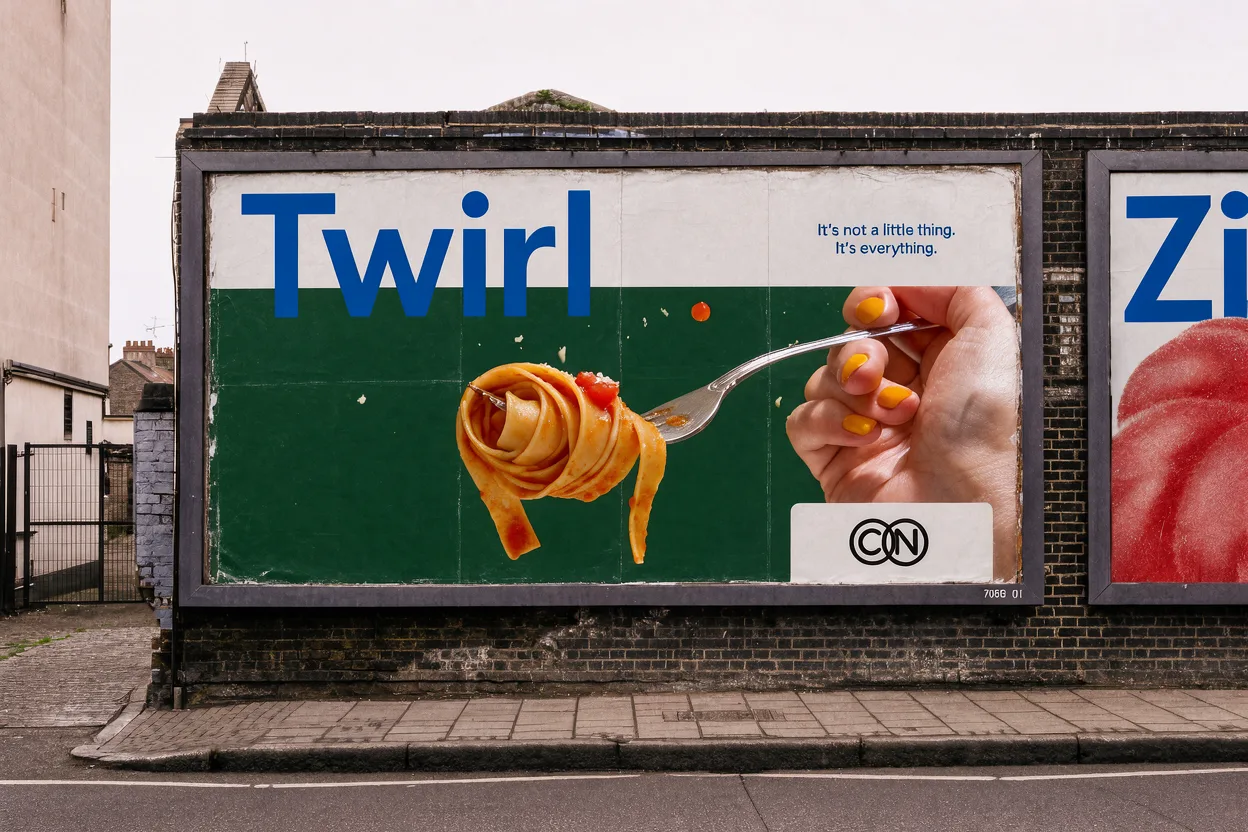 Уличный рекламный щит на кирпичной стене: зелёный фон, надпись Twirl и вилка с тальятелле в руке с жёлтым маникюром