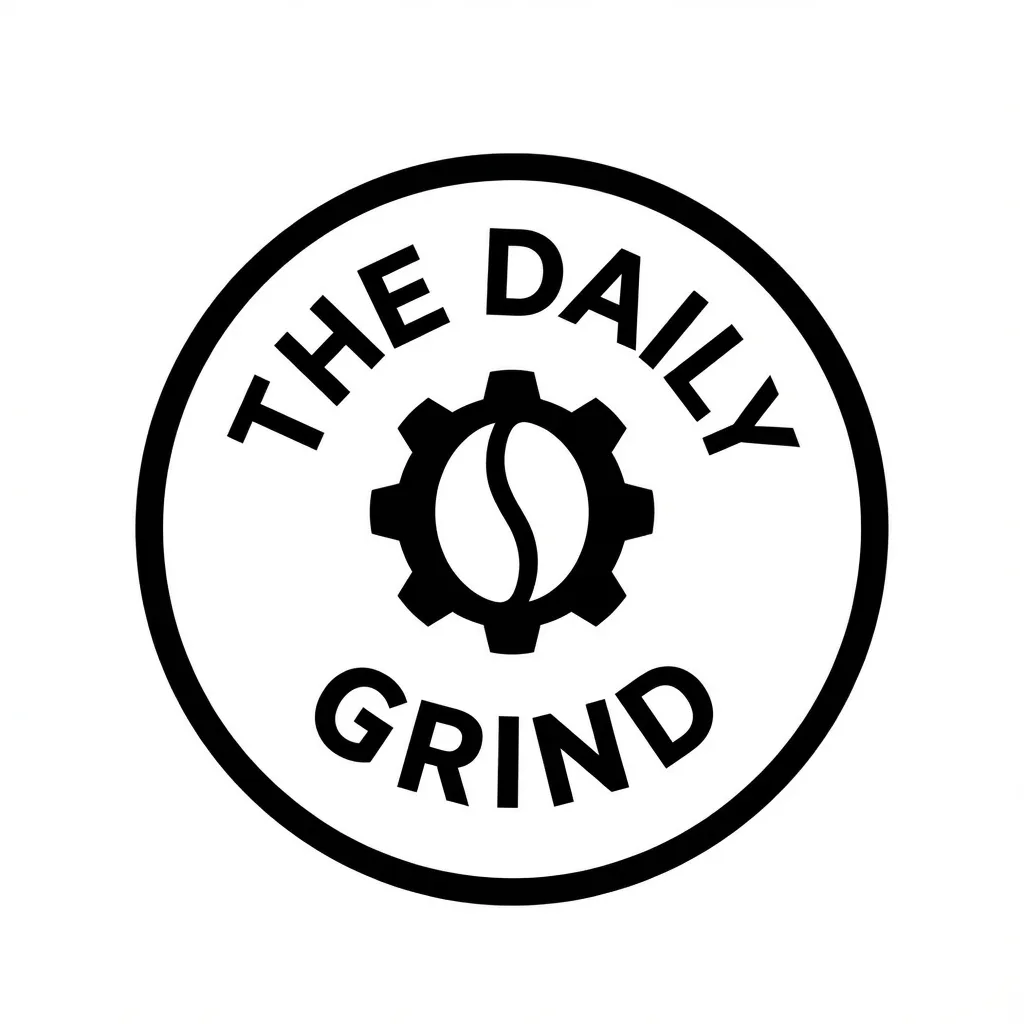 Чёрно-белый круглый логотип с надписью The Daily Grind и кофейным зерном в виде шестерёнки