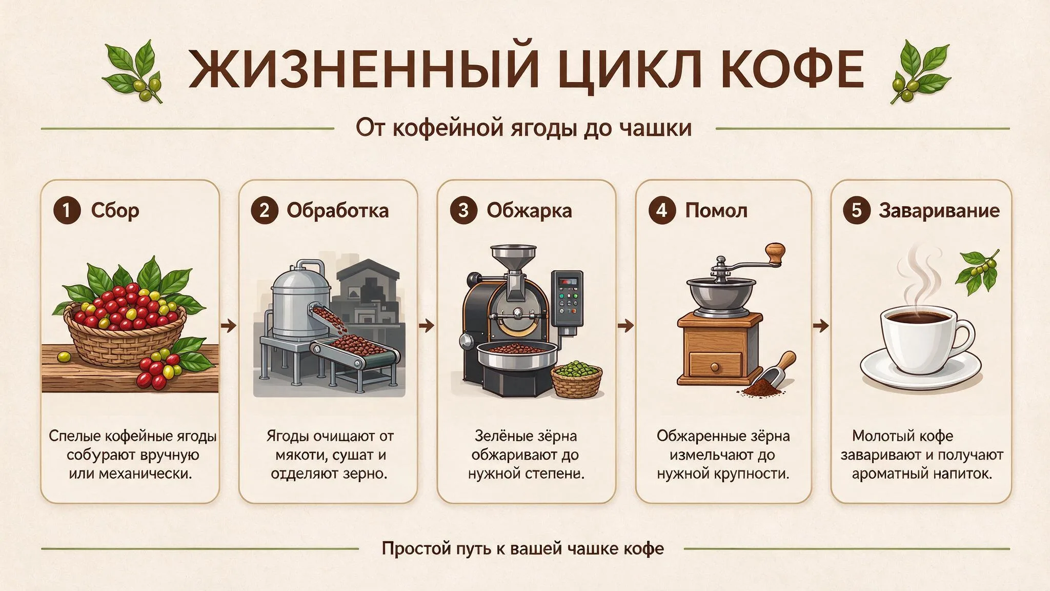 Инфографика «Жизненный цикл кофе» из пяти шагов: сбор, обработка, обжарка, помол, заваривание