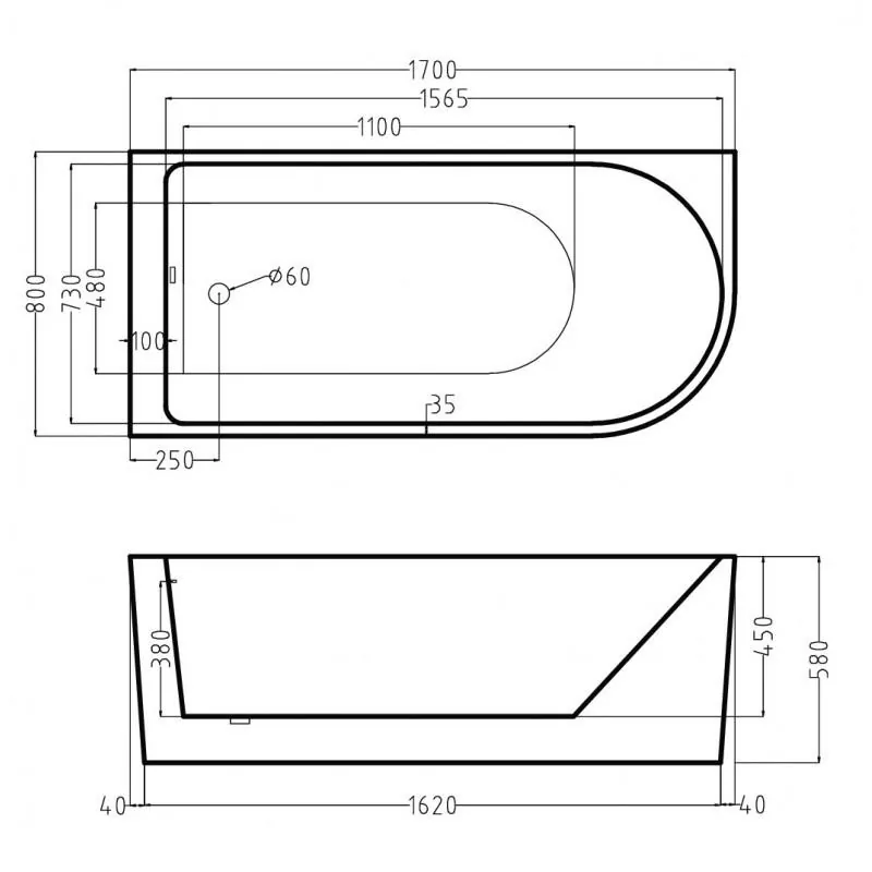 Габаритная схема Акриловая ванна Esbano Afina ESVAAFINR 170x80 R