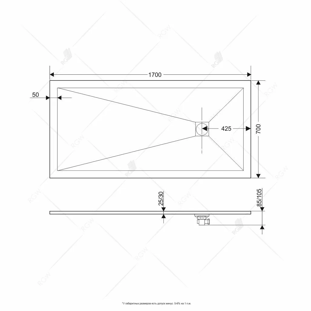 Габаритная схема Поддон для душа RGW Stone Tray ST-W 160х70