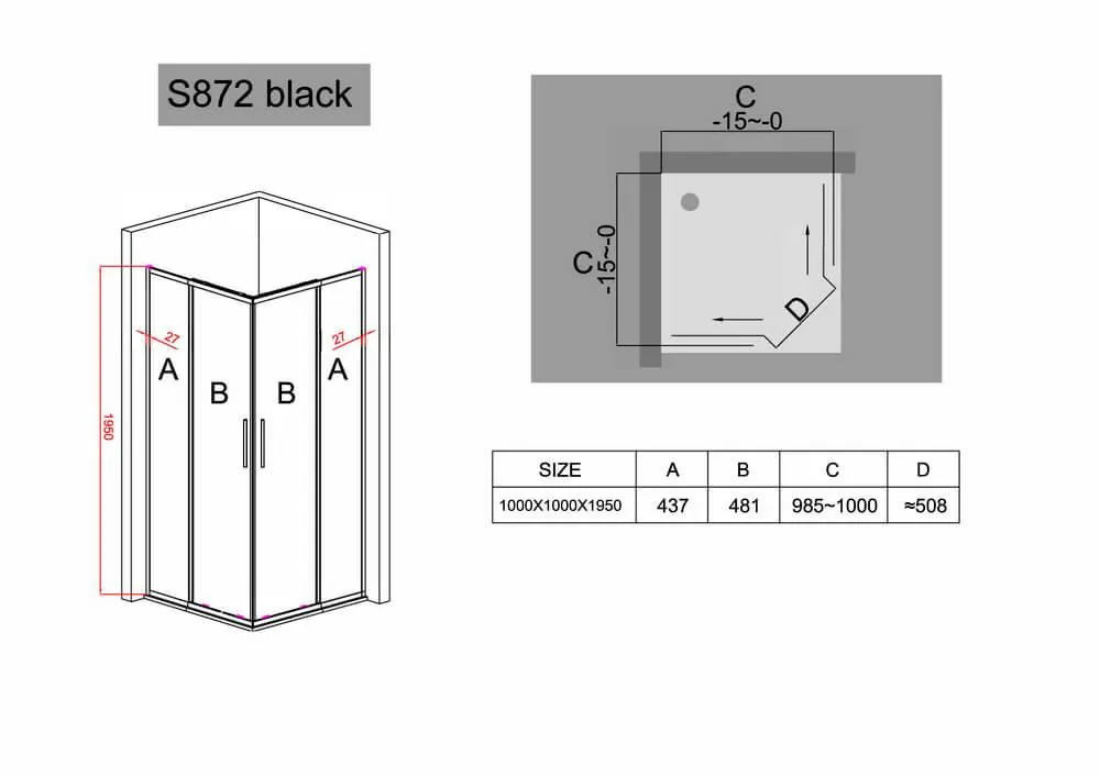 Габаритная схема Душевой уголок Black&White Stellar Wind S872 100х100 см