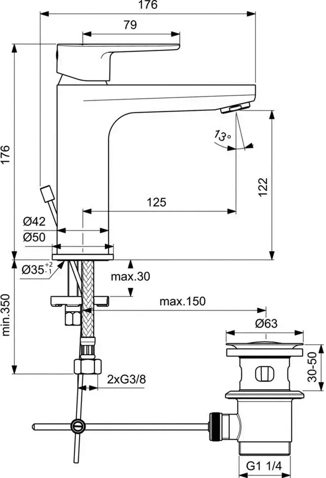 Габаритная схема Душевой комплект Ideal Standard Ceratherm T100 (3 в 1)