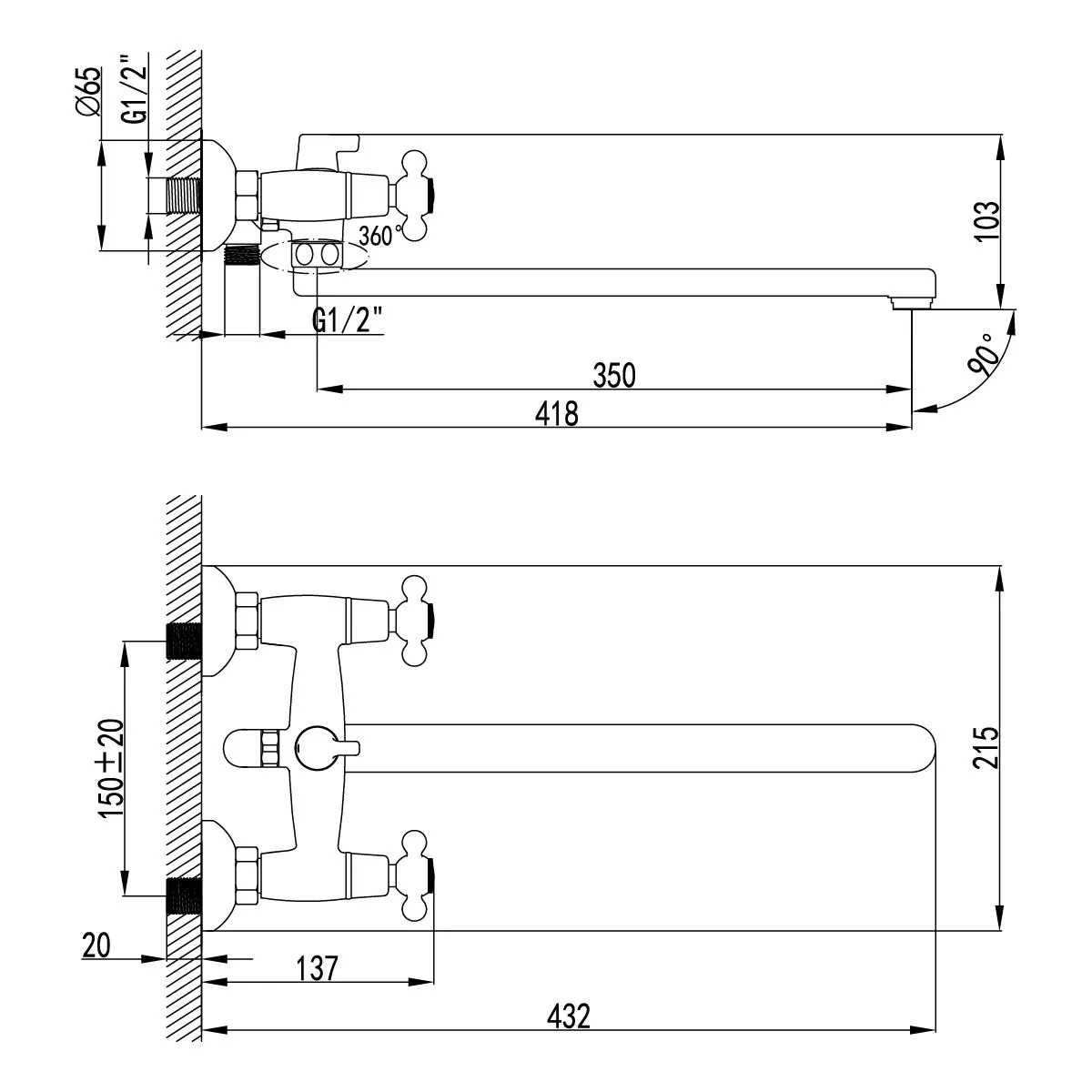 Габаритная схема Смеситель Lemark Standard LM2112C для ванны с душем