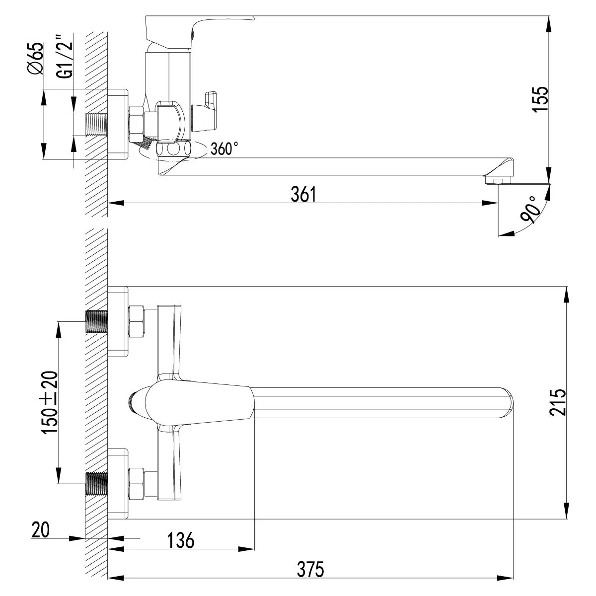 Габаритная схема Смеситель Lemark Plus Factor LM1651C для ванны с душем