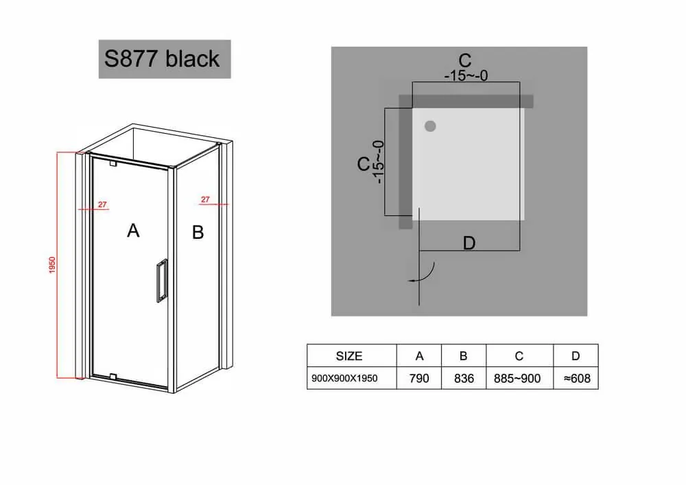 Габаритная схема Душевой уголок Black&White Stellar Wind S877 90х90 см