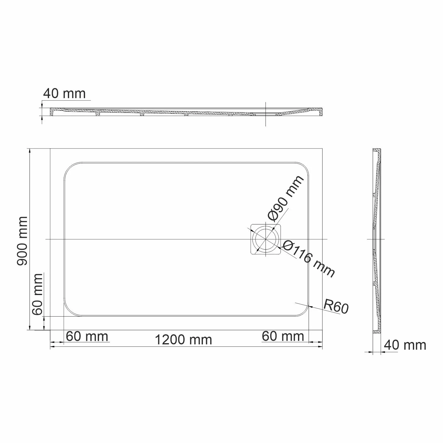 Габаритная схема Поддон для душа Wasserkraft Rhin 44T07 120x90