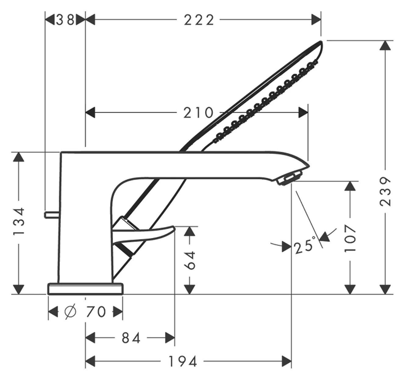 Габаритная схема Смеситель Hansgrohe Metris 31190000 на борт ванны