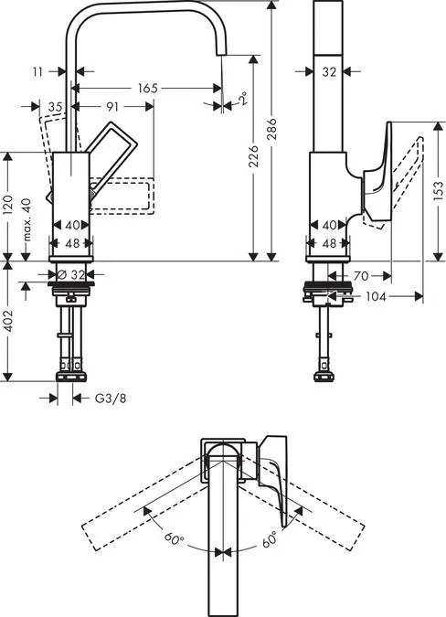 Габаритная схема Смеситель Hansgrohe Metropol 74511000 для раковины