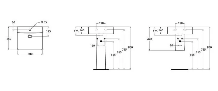 Габаритная схема Раковина Ideal Standard Connect Cube E788401 50 см
