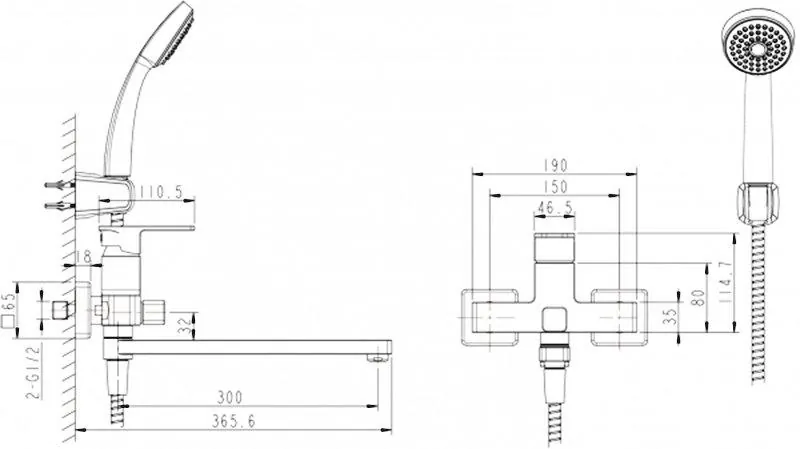 Габаритная схема Смеситель Bravat Riffle F672106C-LB для ванны с душем