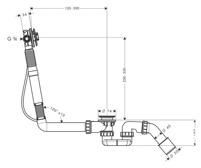 Габаритная схема Слив-перелив Hansgrohe Exafill S 58116180