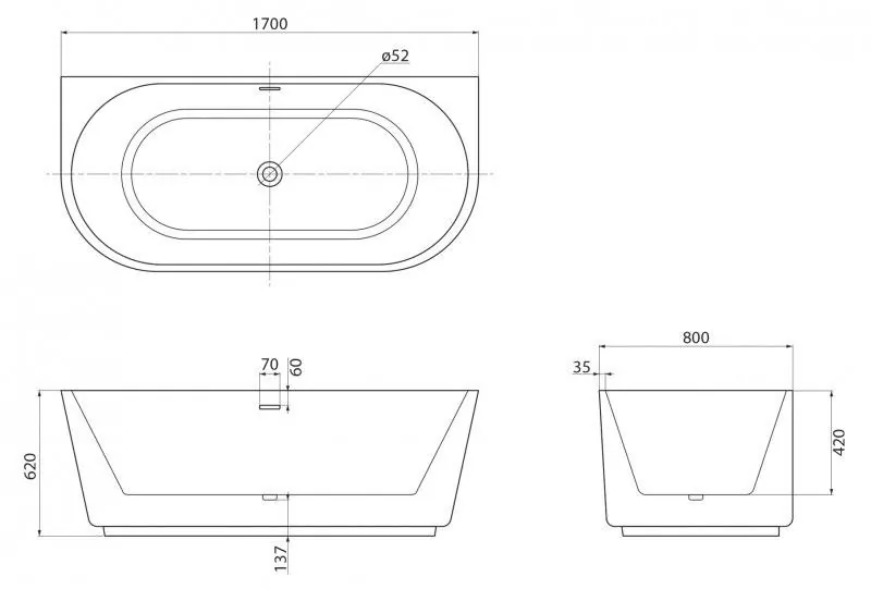 Габаритная схема Акриловая ванна BelBagno BB108-170-80 170х80