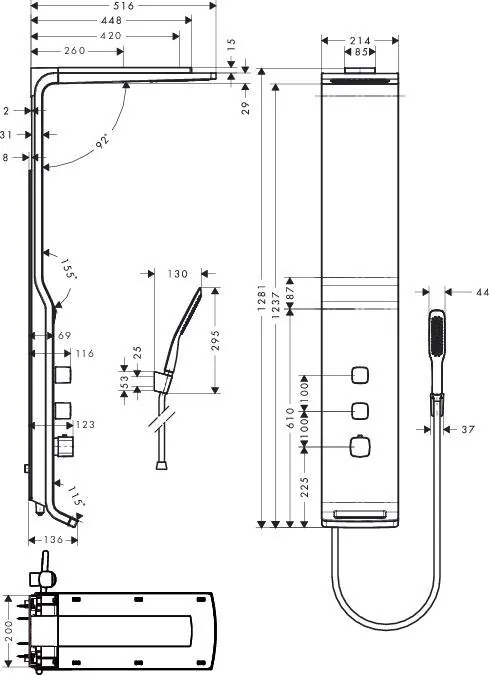 Габаритная схема Душевая панель Hansgrohe Raindance 27008000