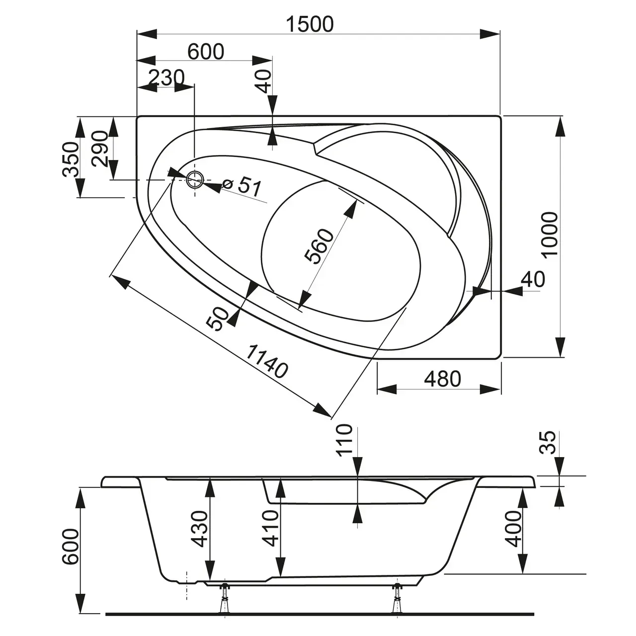 Габаритная схема Акриловая ванна Vagnerplast Flora 150х100 R