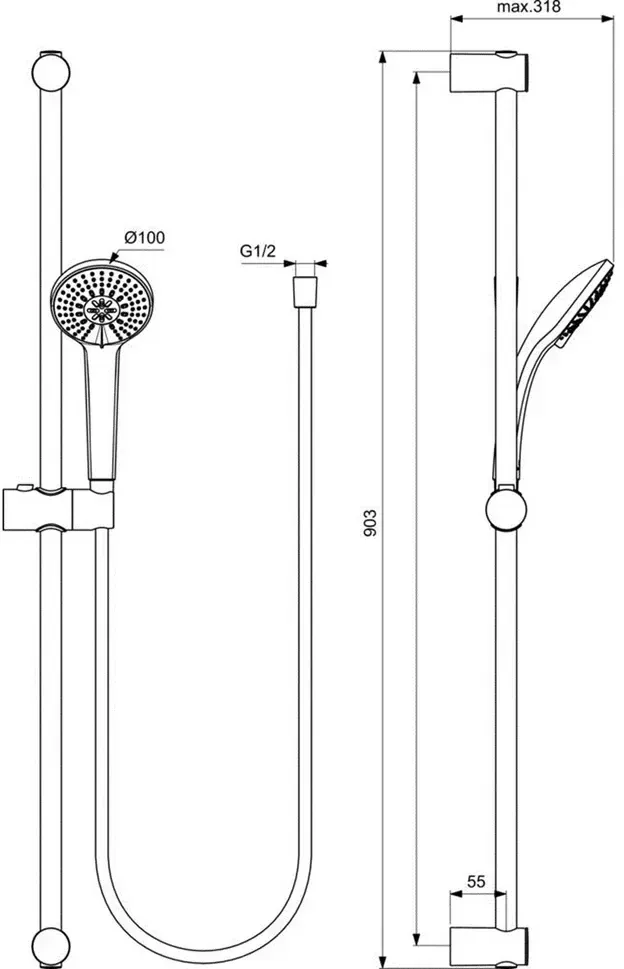 Габаритная схема Душевой комплект Ideal Standard Ceratherm T100 (3 в 1)