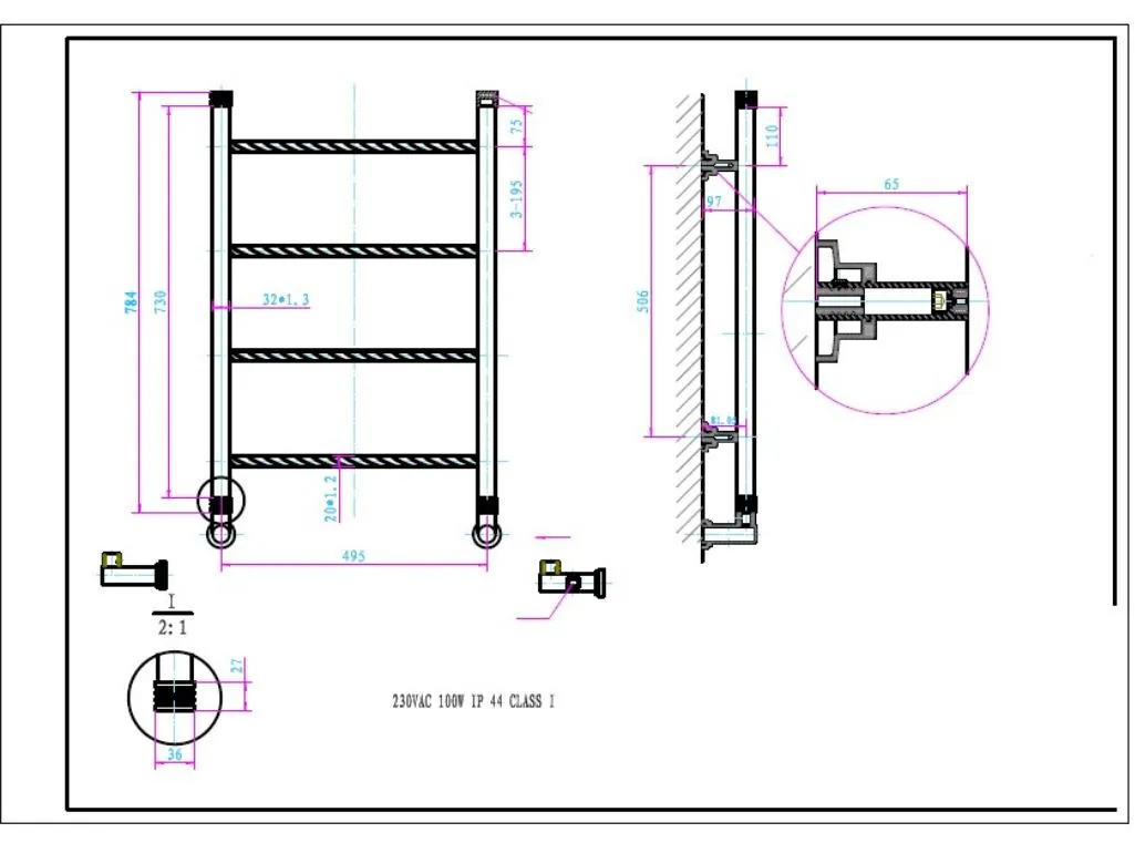 Габаритная схема Полотенцесушитель электрический Boheme Oro 50x80