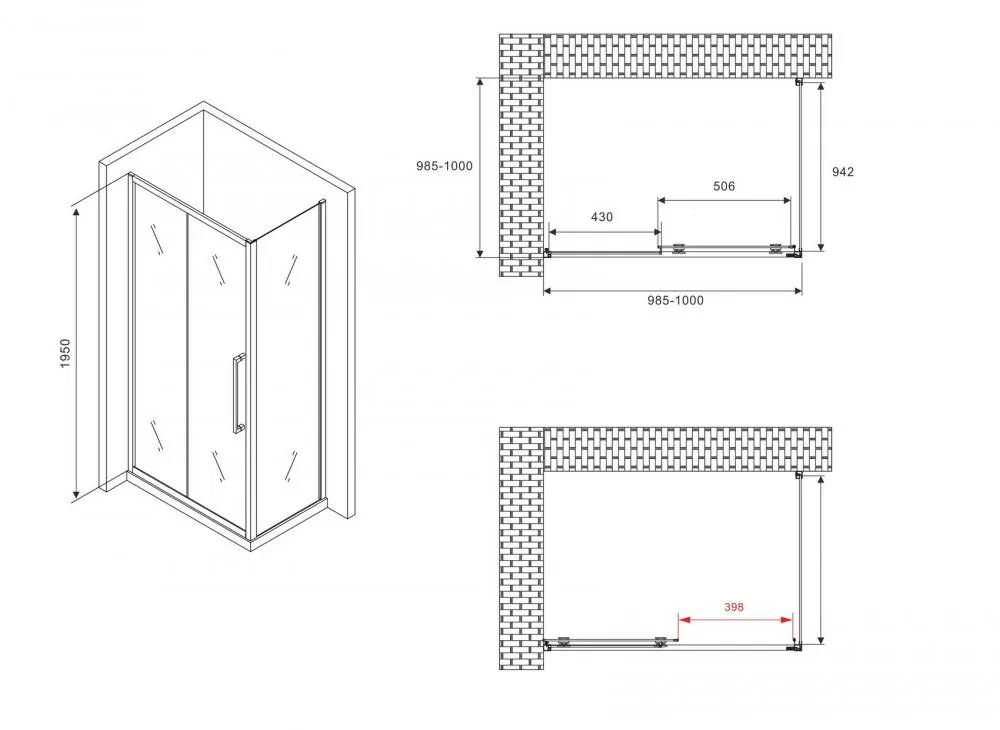 Габаритная схема Душевой уголок Abber Schwarzer Diamant AG30100BMH-S100BM 100x100